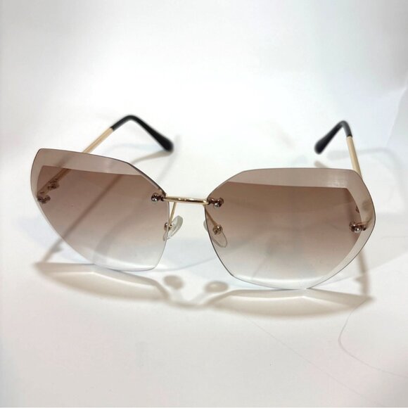 Rimless Oversized Gradient Brown Lens Sunglasses With Gold & Black Frame - Picture 1 of 3